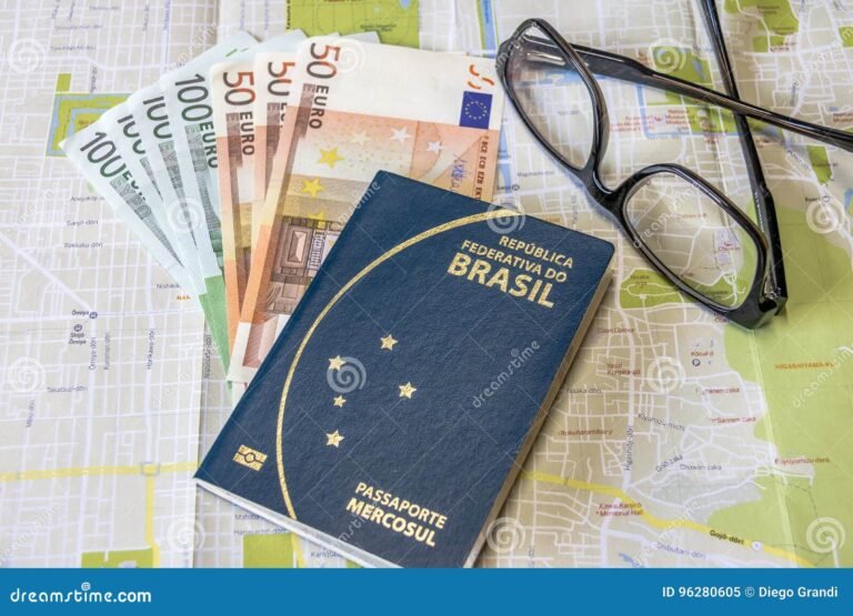 billetes dolares y pasaporte sobre mapa brasil