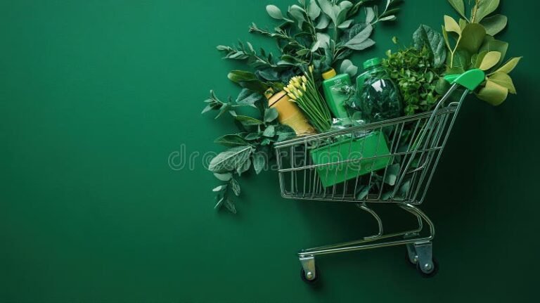 carrito de compras con productos naturales coloridos