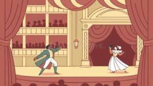 cartel colorido teatro escena actores en accion