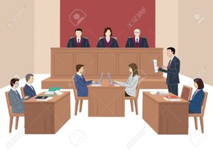 escena de tribunal con abogado y juez