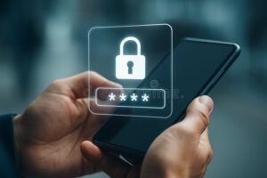 persona bloqueando telefono movil con candado digital