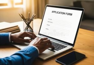 persona llenando formulario en computadora portatil