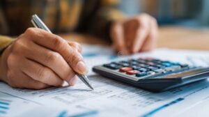 persona revisando documentos financieros y calculadora 1