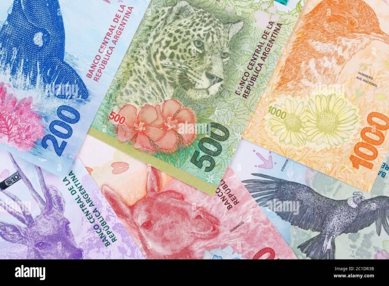 persona usando celular con fondo de billetes argentinos