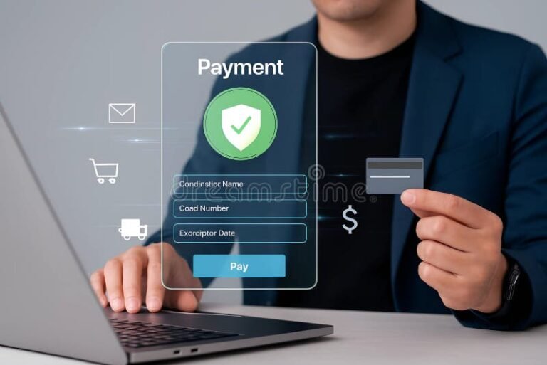 persona usando computadora con interfaz bancaria segura