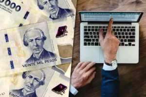 persona usando computadora y billetes argentinos 1