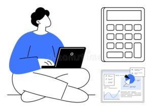 persona usando computadora y calculadora sencilla