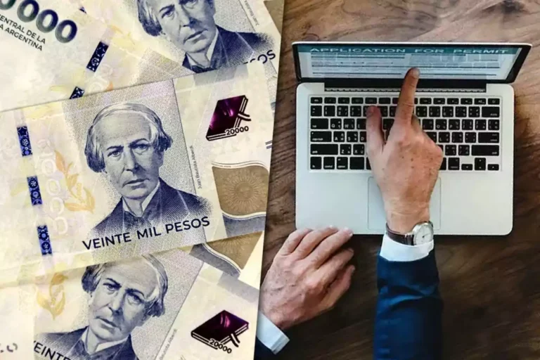 persona usando laptop con billetes argentinos