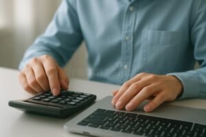 persona usando laptop y calculadora financiera