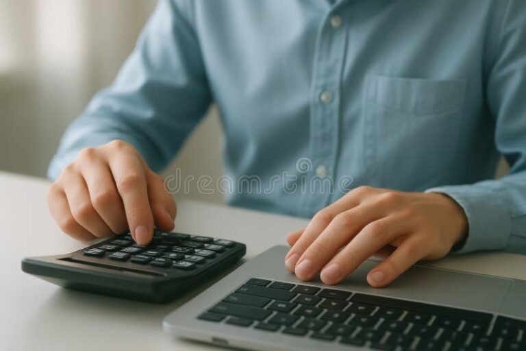 persona usando laptop y calculadora financiera