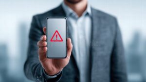 persona usando telefono con simbolo de alerta