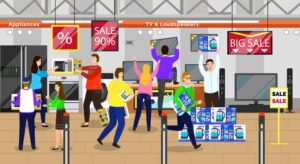 personas comprando electronicos con descuentos grandes